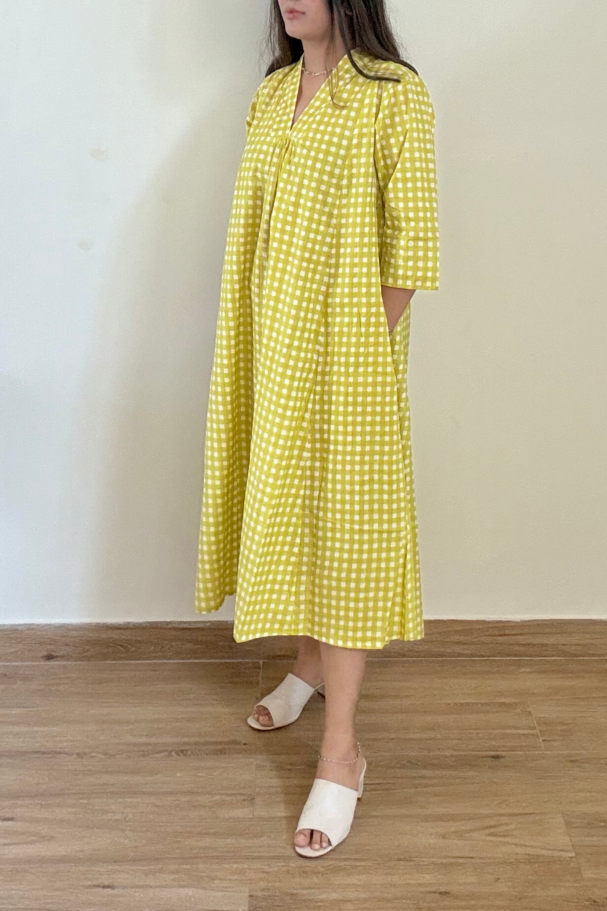 Lime Gingham Kurta Dress | Cotton | Yellow Green Vardee Lime Gingham Kurta Dress | Cotton | Yellow Green Vardee