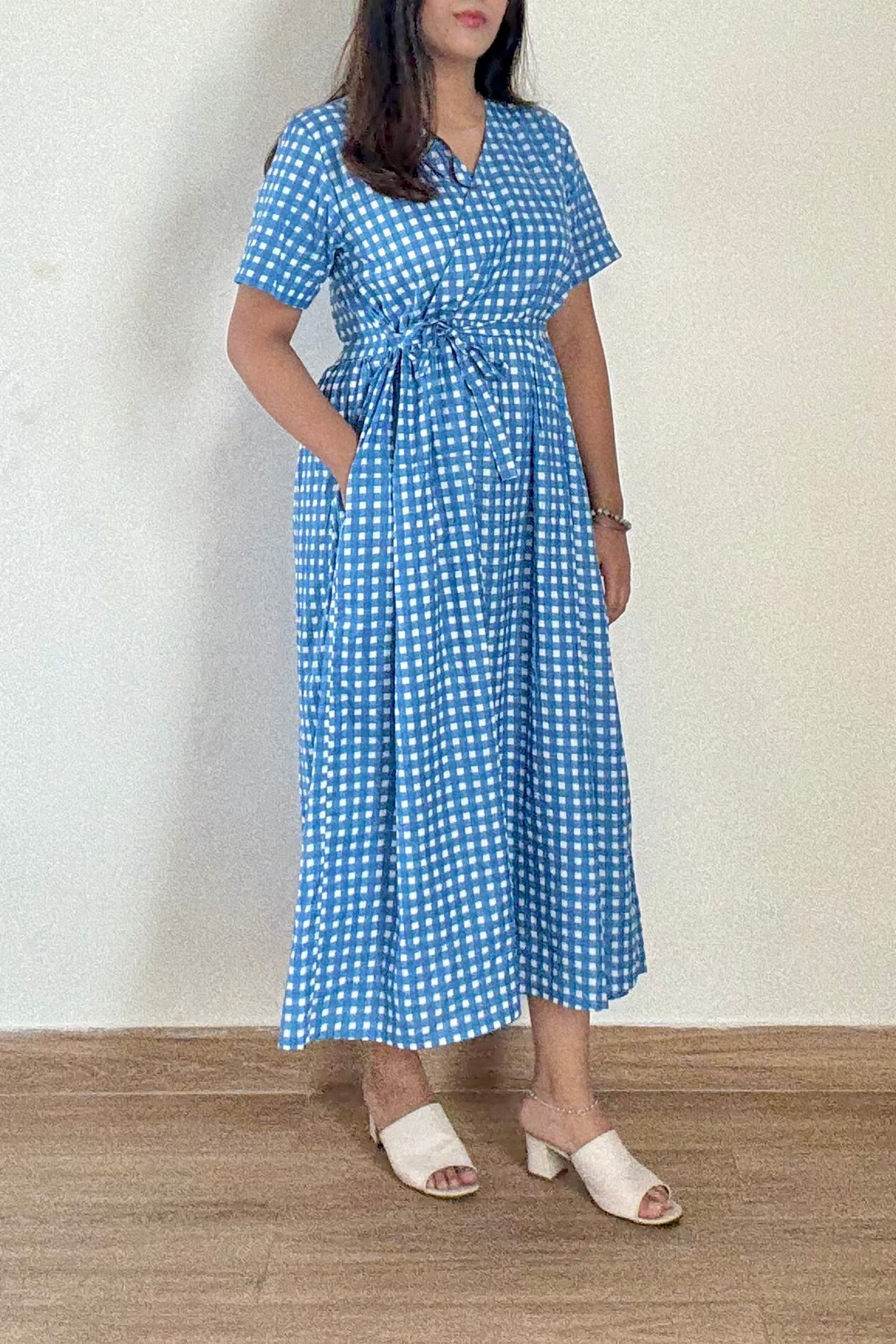 Neela Gingham Angrakha Dress | Cotton | Blue