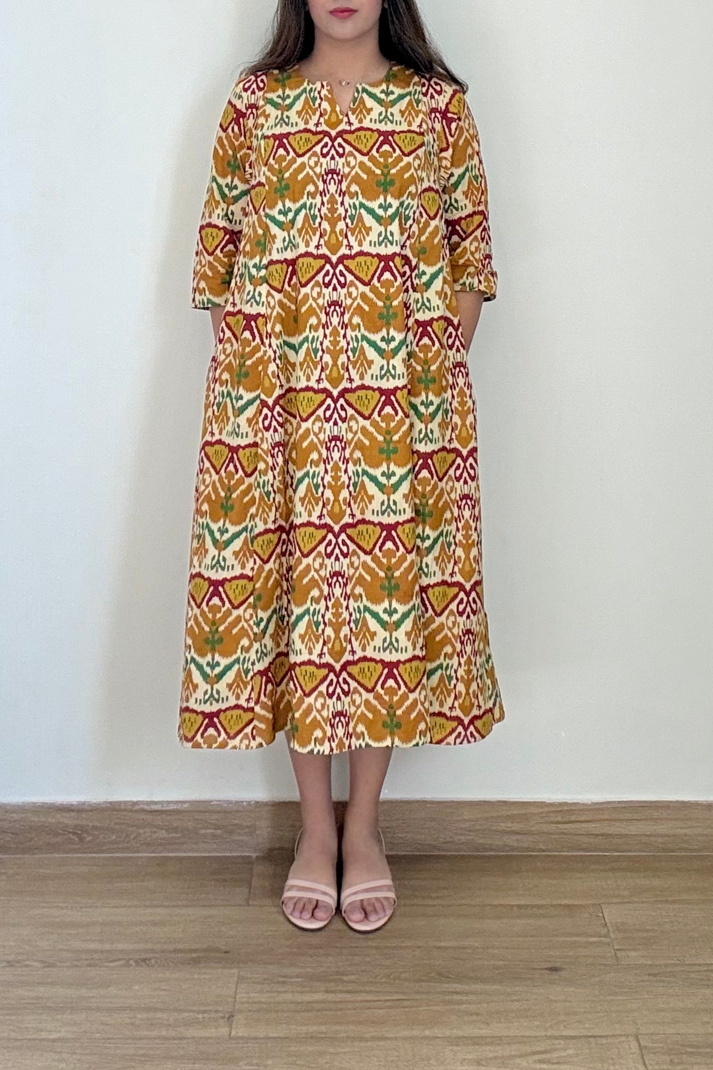 Dilbar Ikkat Kurta Dress | Cotton | Mustard