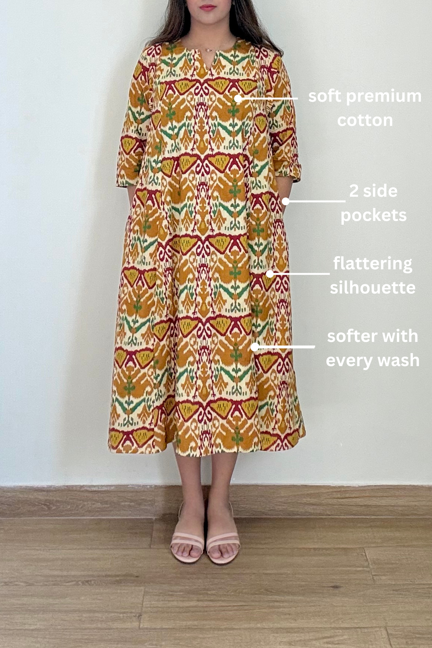 Dilbar Ikkat Kurta Dress | Cotton | Mustard