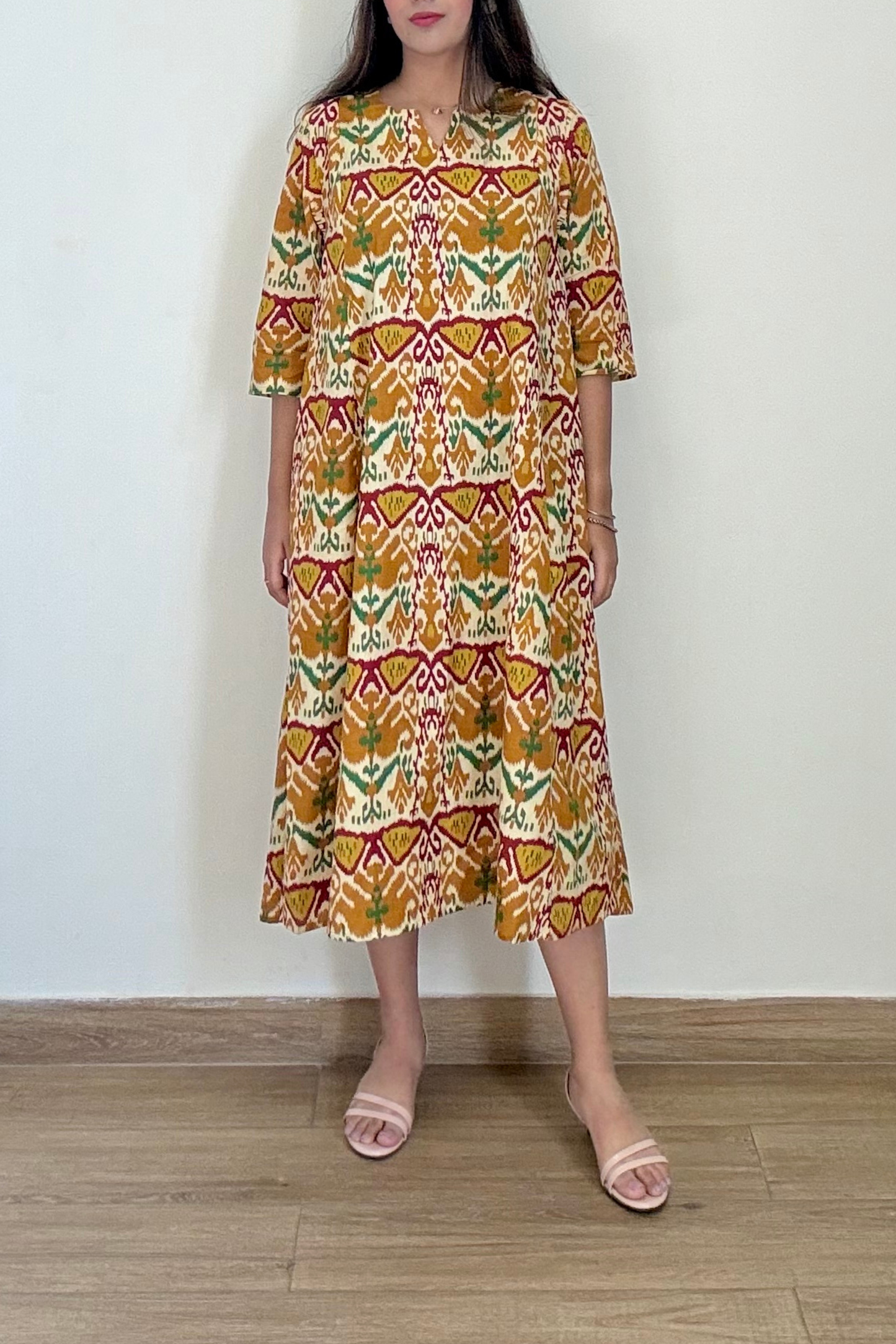 Dilbar Ikkat Kurta Dress | Cotton | Mustard