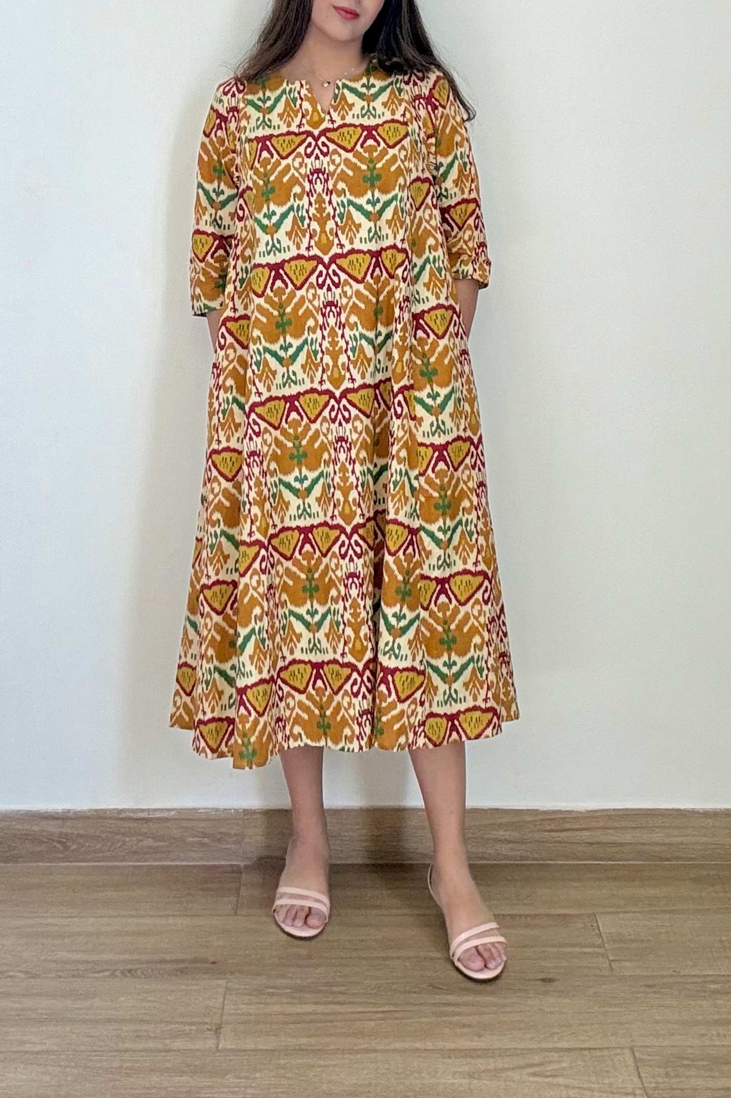 Dilbar Ikkat Kurta Dress | Cotton | Mustard