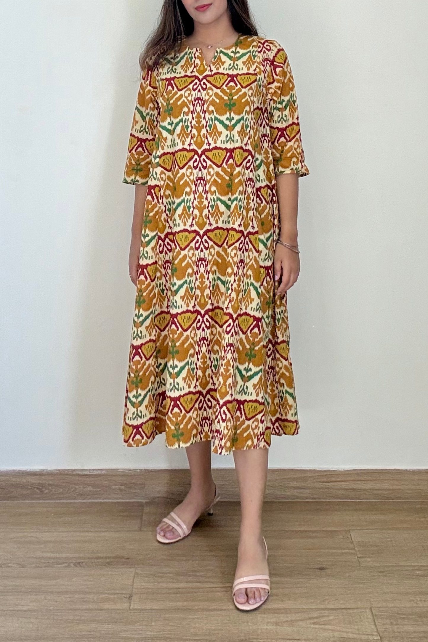 Dilbar Ikkat Kurta Dress | Cotton | Mustard