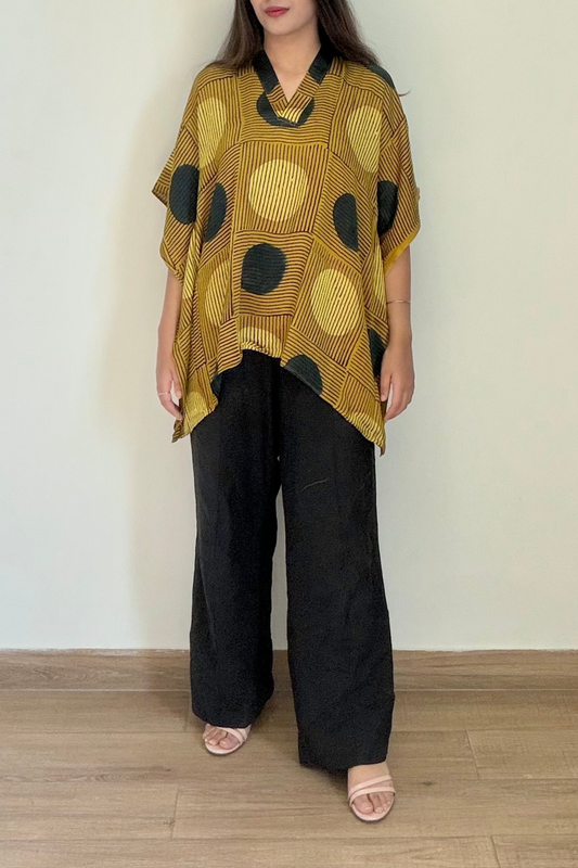 Sun Ajrakh Kaftan Top | Modal Silk | Mustard