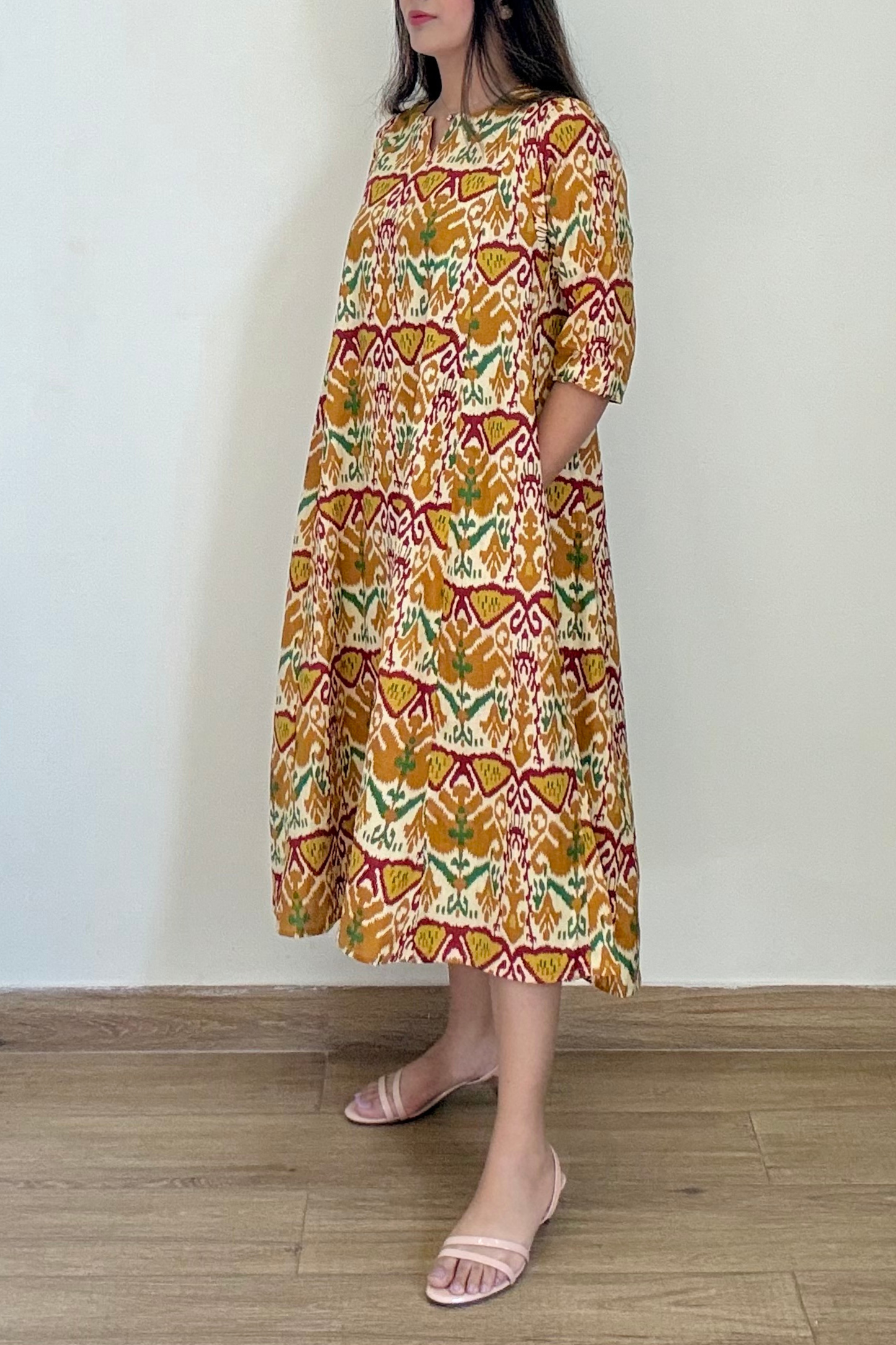 Dilbar Ikkat Kurta Dress | Cotton | Mustard