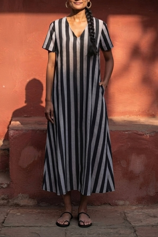 Calcutta Lane Kurta Dress | Striped | Black White