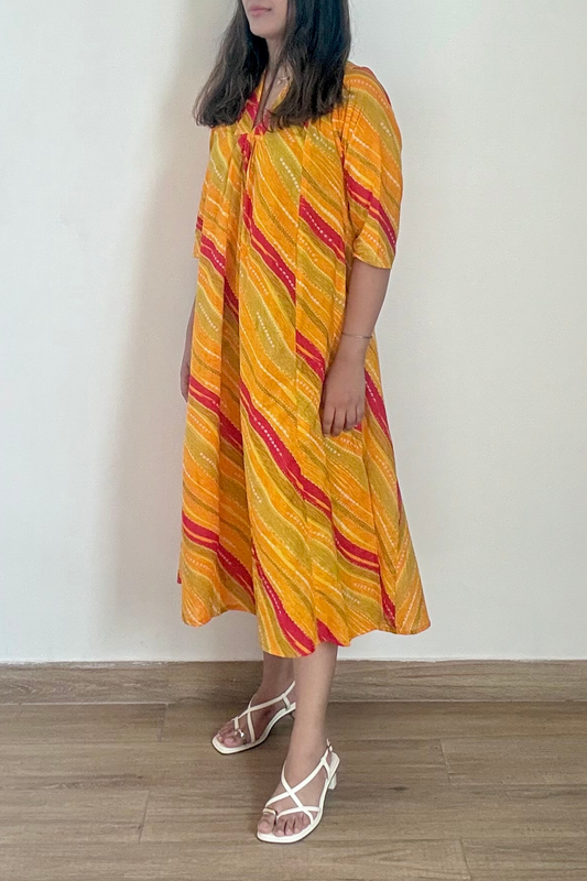 Sunheri Leheriya Kurta Dress | Cotton | Yellow