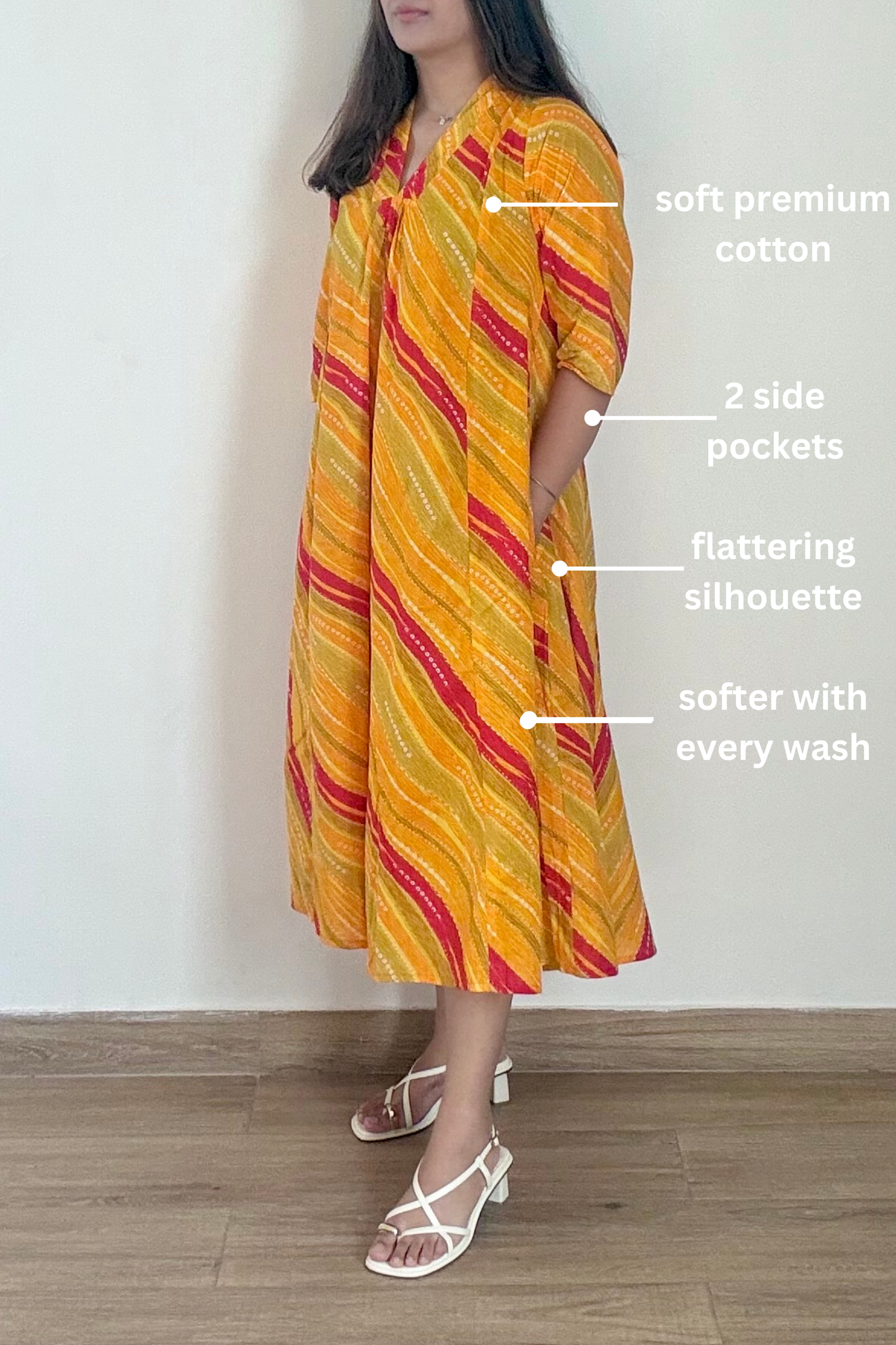 Sunheri Leheriya Kurta Dress | Cotton | Yellow