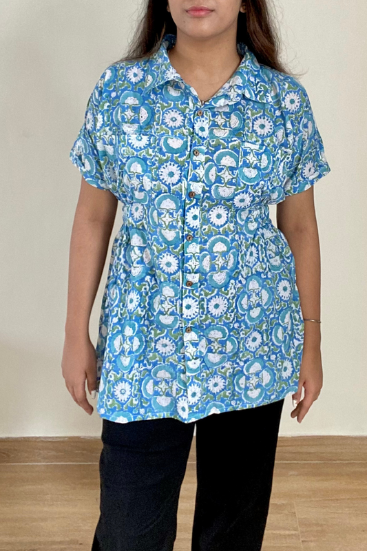 Bloom Long Shirt | Cotton | Blue