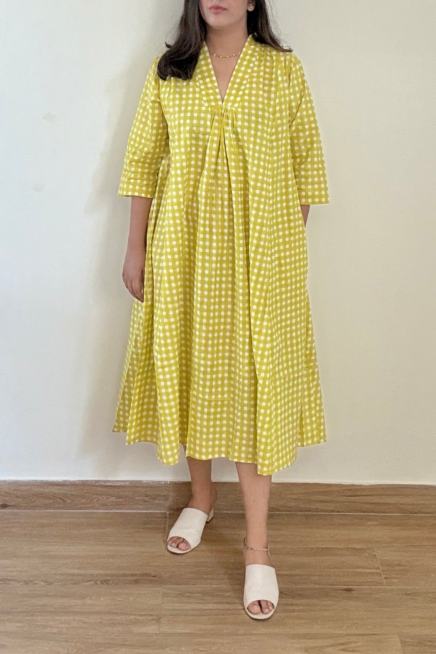 Lime Gingham Kurta Dress | Cotton | Yellow Green