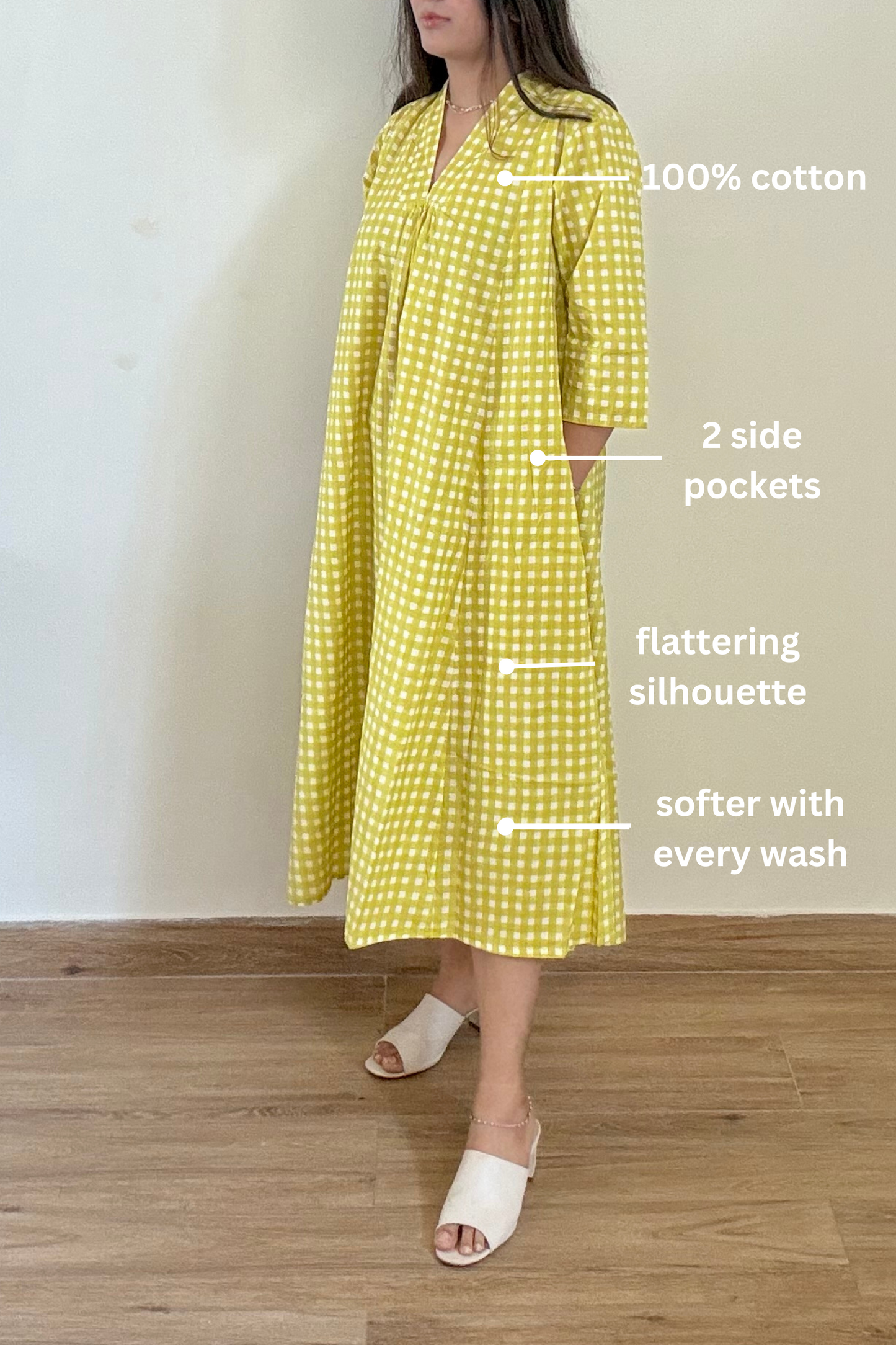 Lime Gingham Kurta Dress | Cotton | Yellow Green