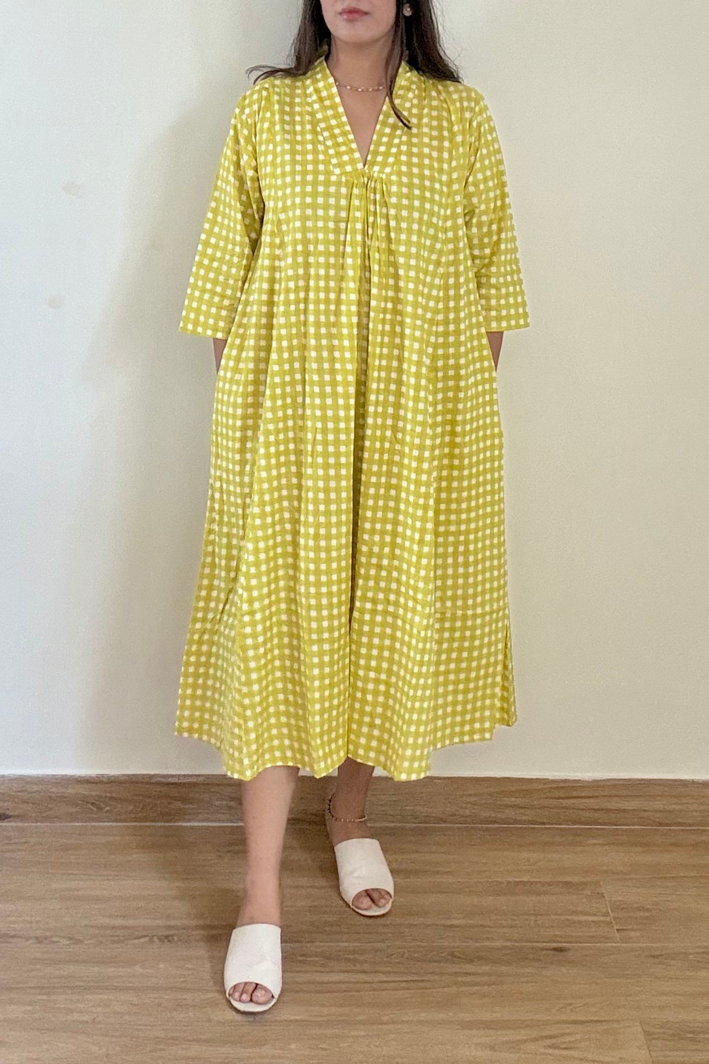 Lime Gingham Kurta Dress | Cotton | Yellow Green