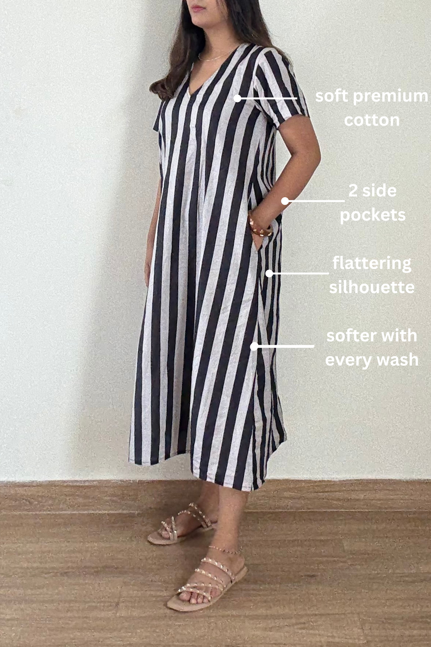Calcutta Lane Kurta Dress | Striped | Black White