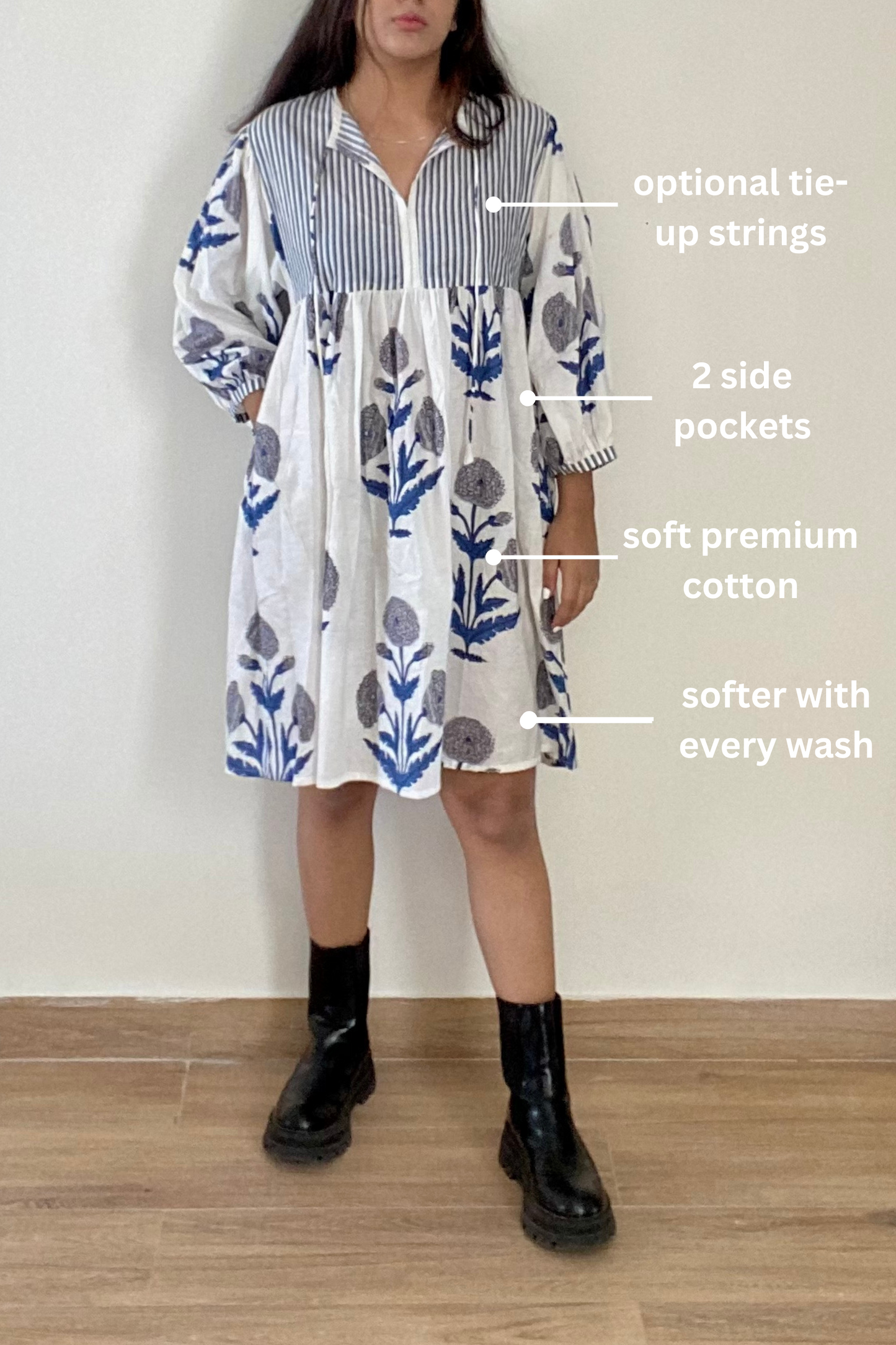 Dahlia Stamp Kurta Dress | Cotton | Blue