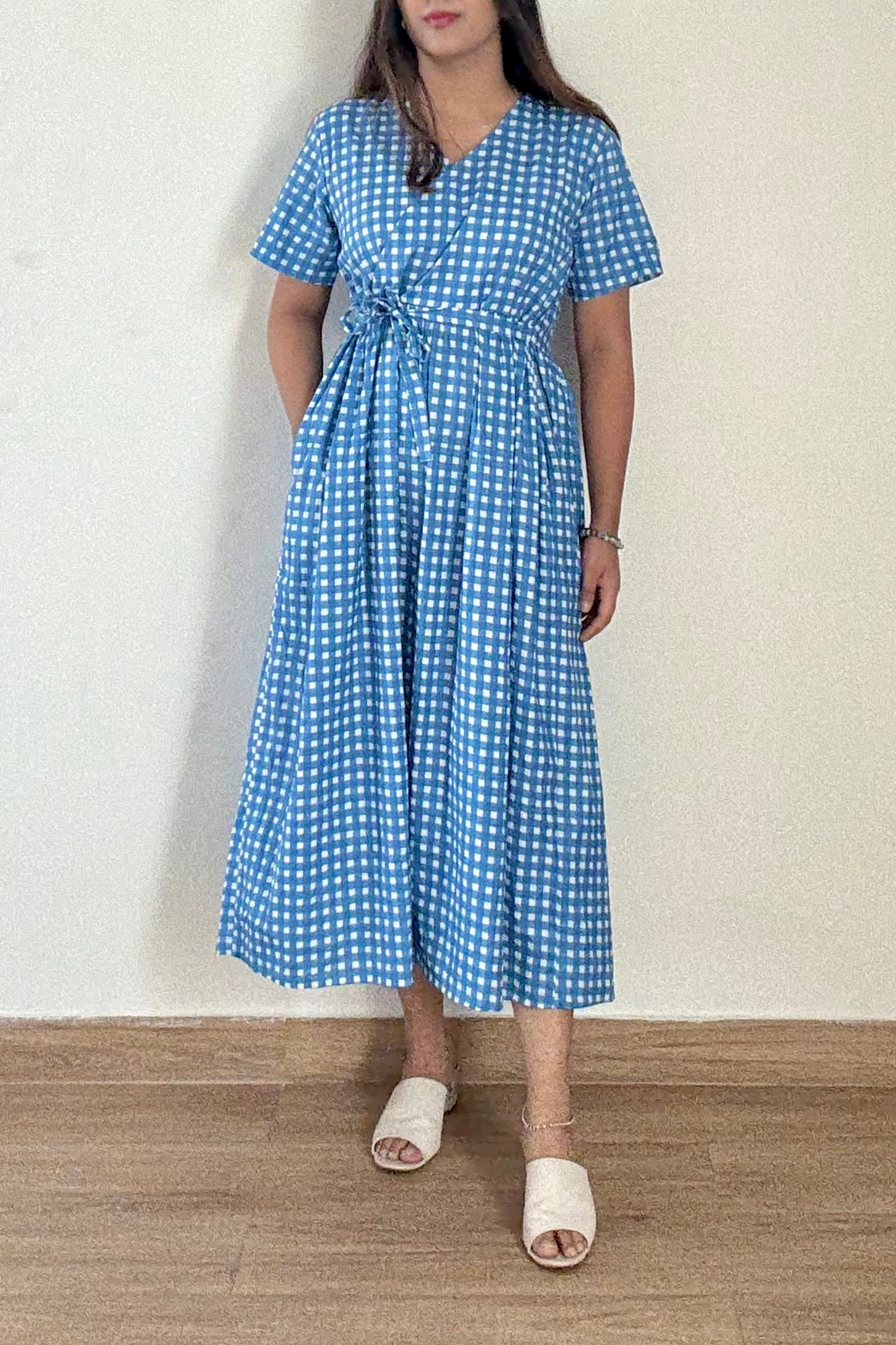 Neela Gingham Angrakha Dress | Cotton | Blue