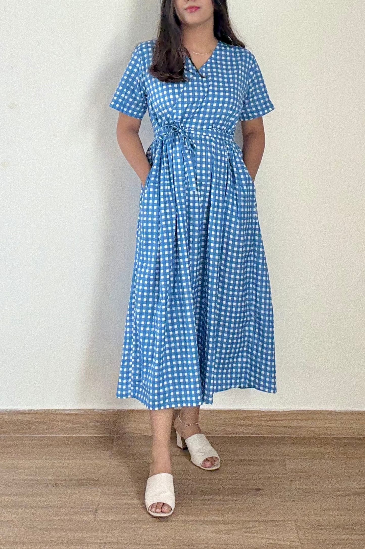 Neela Gingham Angrakha Dress | Cotton | Blue