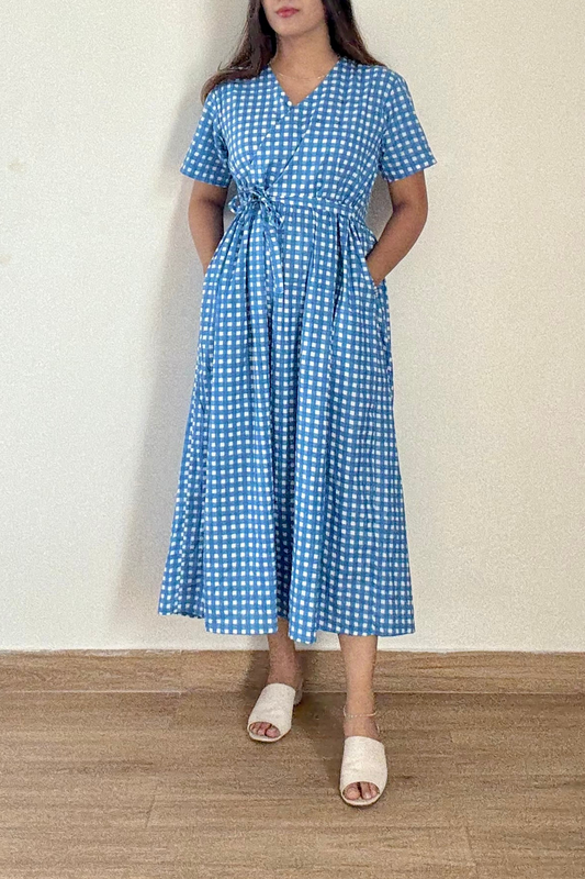 Neela Gingham Angrakha Dress | Cotton | Blue
