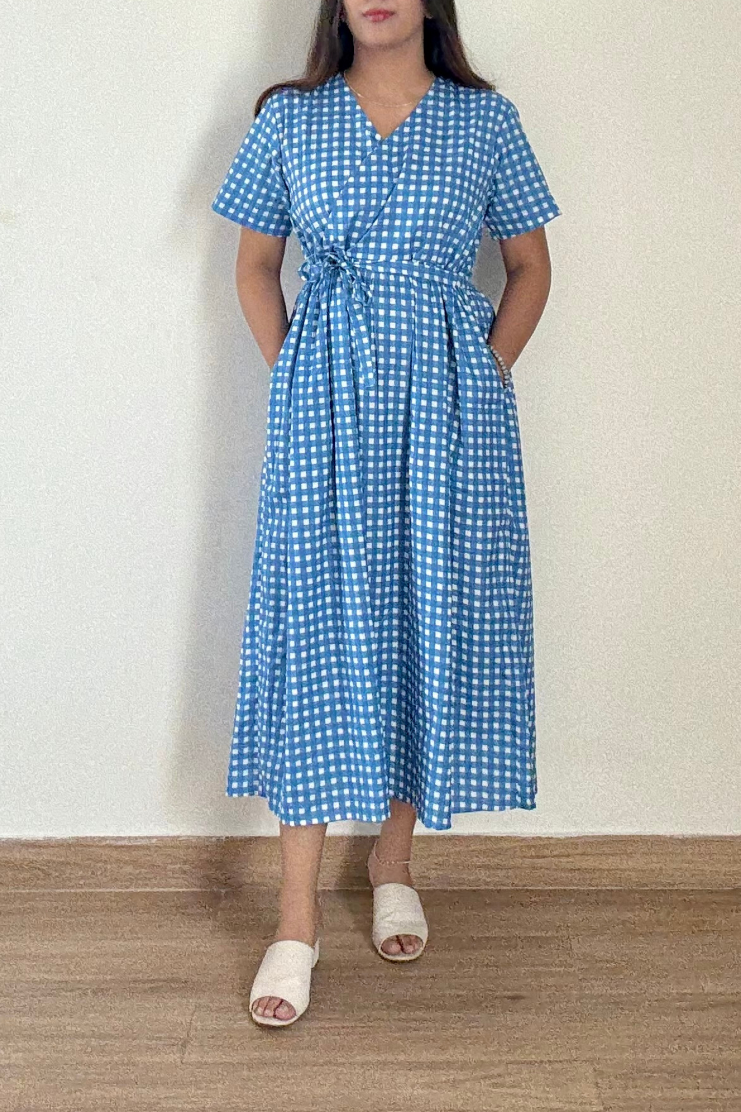 Neela Gingham Angrakha Dress | Cotton | Blue