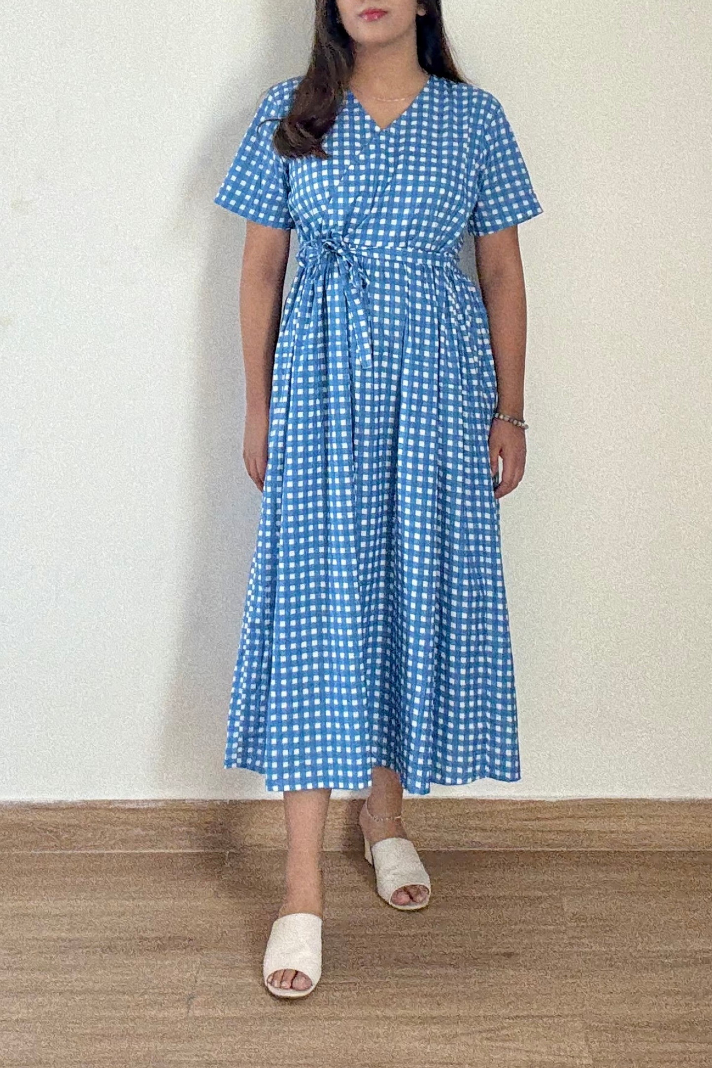 Neela Gingham Angrakha Dress | Cotton | Blue