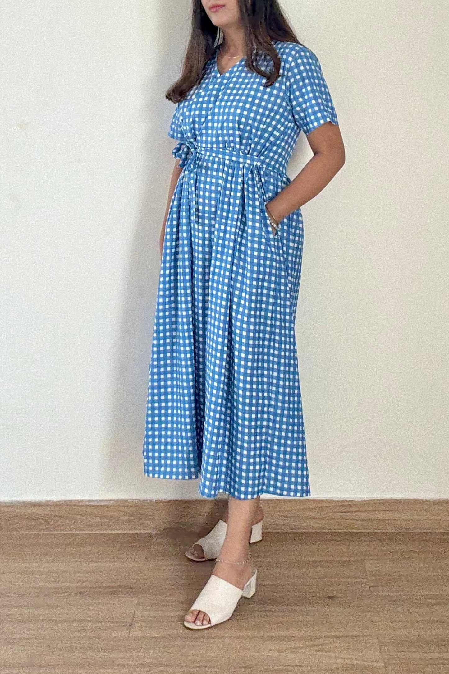Neela Gingham Angrakha Dress | Cotton | Blue